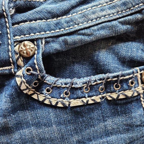 Miss Me Embellished Mid Rise Custom Cut Bermuda Denim Shorts Blue - Picture 5 of 8